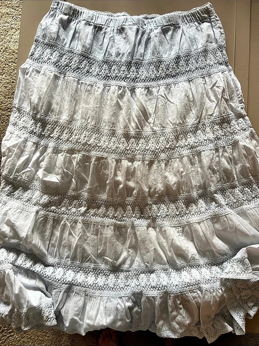 avenue Tiered Lace Trim Maxi Skirt in  Light Blue White Ombré